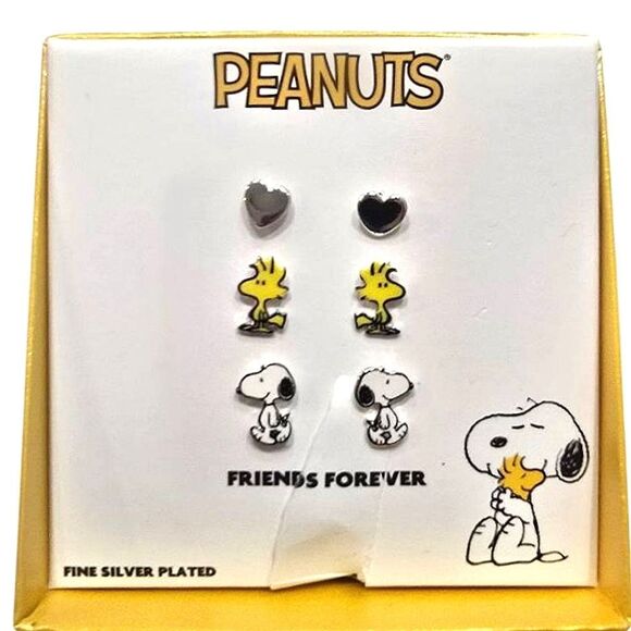 Peanuts Fine Silver Plated Heart, Woodstock, & Snoopy Earring Set - Picture 2 of 5